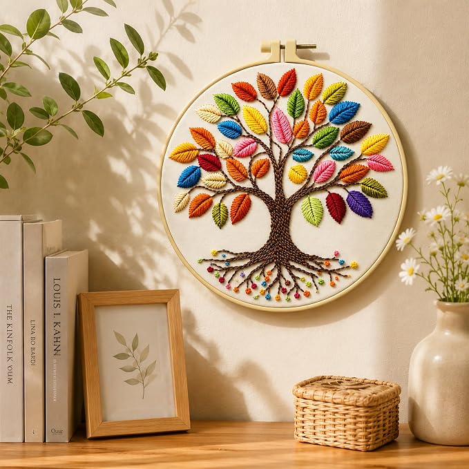 Zhenqing Rainbow Tree of Life Embroidery Kit for Beginners - 29x29cm Printed Fabric with Hoop & Full Tools (C0060)