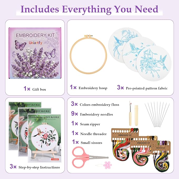 Embroidery Kit for Beginners,3 Pack Hummingbird and Flower Cross Stitch Kits for Adults,Needlepoint kit with Stamped Patterns,Hoop,Threads for Craft Lover,Hand Stitch with Embroidery Skill Techniques