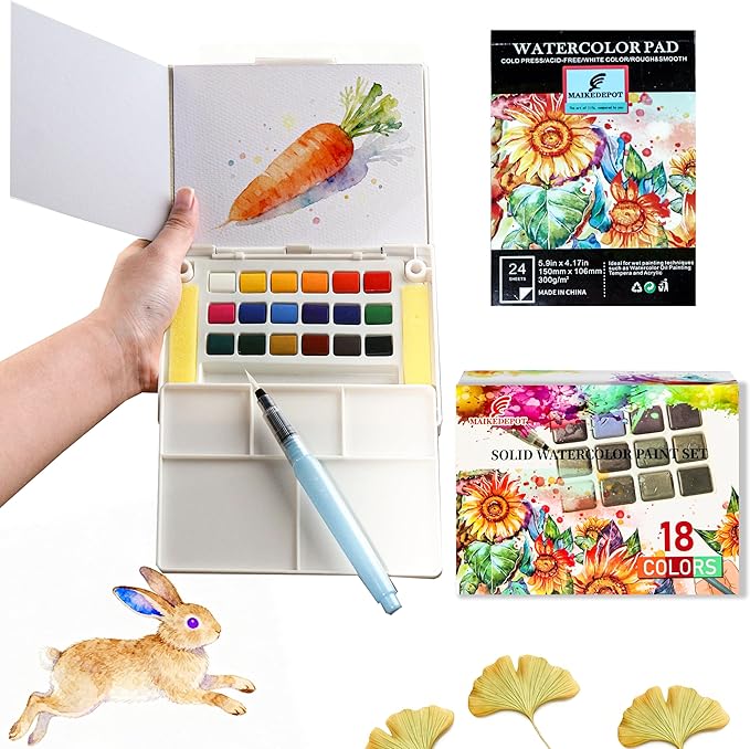 Watercolor Paint Set,Vivid Colors Travel Paint Set Graspable Painting Set Compact Size, Watercolor Kit with Water Brush Pens,24 Sheets Watercolor Papers,3 Online Tutorial Video - 18colors
