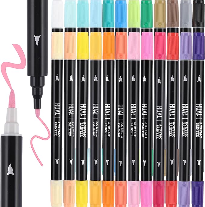 HUAL Dual Tip Acrylic Paint Pens, 24 Colors Fine & Brush Tip Markers for Professional Artists, DIY Crafts on Rock, Ceramic, Wood, Glass, Fabric & Canvas, Non-Toxic, Waterproof Art Supplies