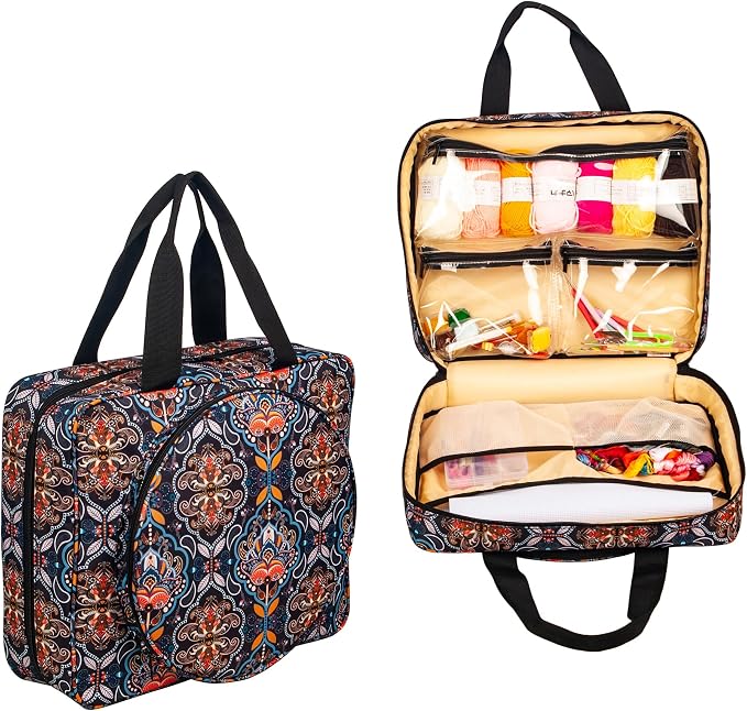 Portable Craft Kits Storage Bag Cross Stitch Starter Kits Embroidery Project Bag Embroidery Tool Storage Tote with Multifunctional Pockets, Bag Only (Colorful Pattern)