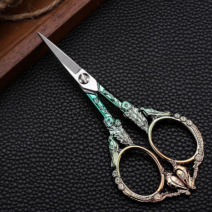 YOUGUOM Precision Embroidery Scissors, Sharp Sewing Scissors | Small, Pointed Tip, for DIY Craft, Cross Stitch, Needlework, Artwork, Knitting, Threading Tools, 4.6in, Green, Cute Bird