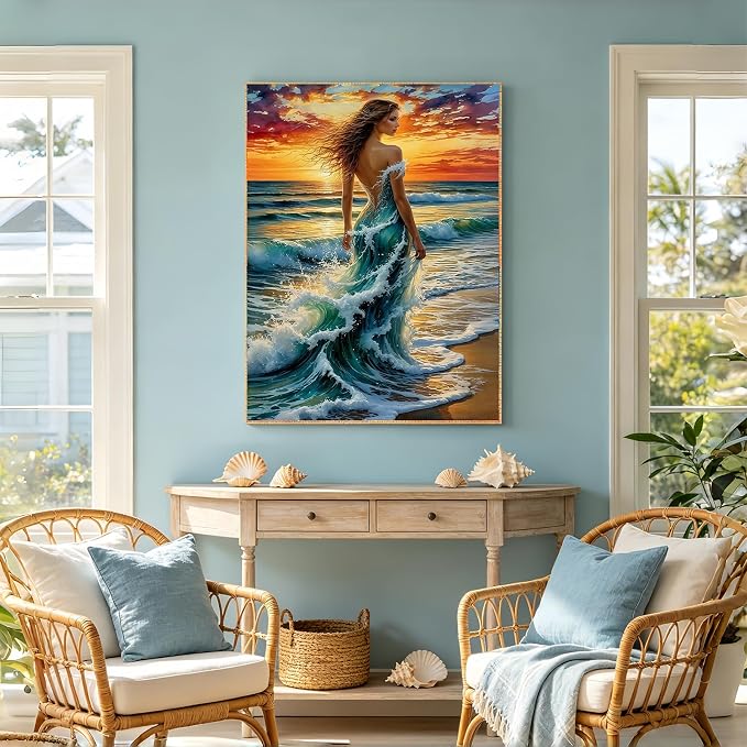 5D Ocean Wave Woman Diamond Art kits for Adults Beginners 12x16inch | Fantasy Beach Sunset Lady Diamond Painting Kit, DIY Full Round Drill Paint by Diamonds Dot Gem Art for Adult, Home Wall Decor