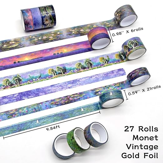 27 Rolls Washi Tape Set - Monet Gold Foil Vintage Decorative Masking Tape,Adhesive Craft Tapes for Scrapbooking Supplies,Journaling Supplies,Diy Crafts,Junk Journal Supplies, School Supplies