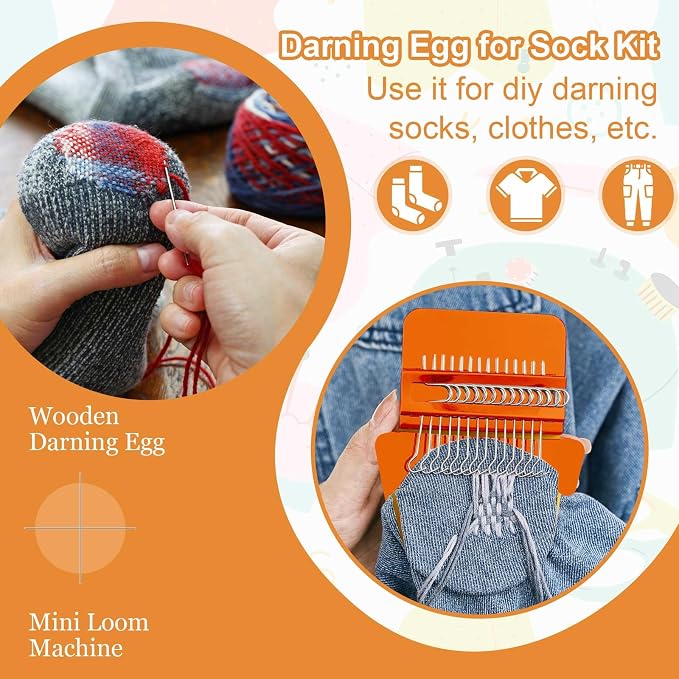 Jexine Mini Darning Egg for Socks 14 Hooks Small Speedweve Style Weaving Darning Loom with 9 Pcs Large Eye Needles 50 Colors Thread for Handcraft DIY Weaving Repair Tool(Bright Color)