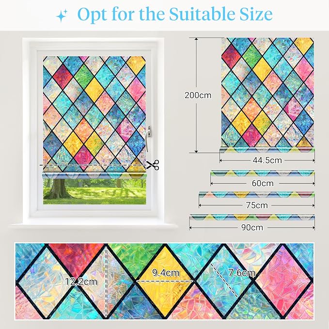 Haton Stained Glass Winodw Film, Rainbow Lattice Stickers, 17.5" x 157.4"