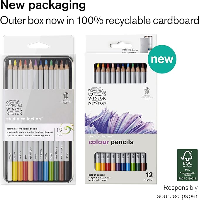 Winsor & Newton Studio Collection, Color Pencils, Set of 12 | Rich, Vibrant Color, Thick-Core Pencils, Soft Smooth Texture, Easy Blending, Stylish Metal Tin Included, High Quality Lead