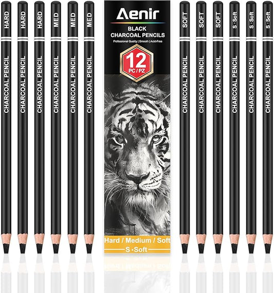 Aenir Charcoal Pencils for Drawing,（S-Soft, Soft, Medium, Hard 12 Pieces | Charcoal Drawing Pencils for Drawing, Sketching, Shading, Smooth, Art Supplies for Artist and Beginners