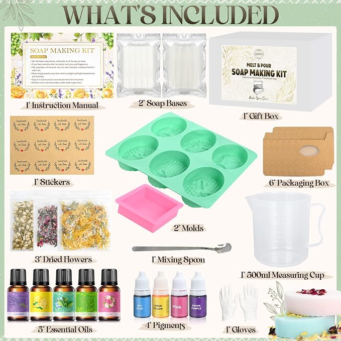 Jcoos Soap Making Kit, Soap Making Kit for Adults, Teen- Shea Butter Glycerin Melt and Pour Base, Molds, Dye, Fragrances, Dried Flowers, DIY Craft for Teen Beginners Girls, Gift Boxes for Women