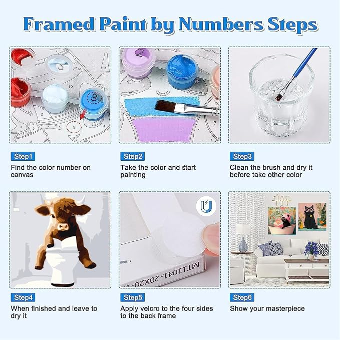 Canrichshop 4 Framed Highland Cow DIY Paint by Numbers Kit for Adults Beginner,Naughty Cow Easy Paint by Number on Canvas with Frame,Acrylic Painting Kit Adult for Decor 8x8inch