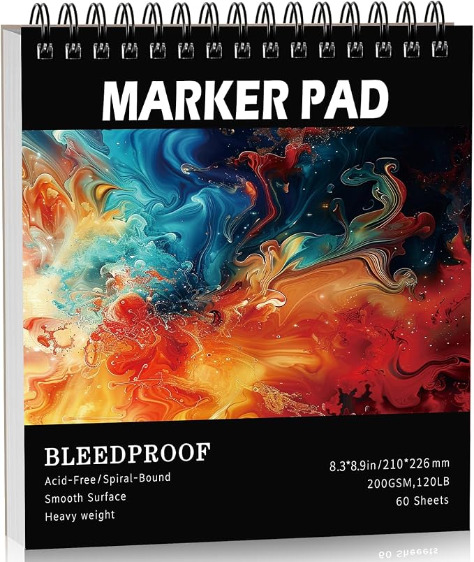 120lb/200gsm Marker Paper Pad 8.3 × 8.9 in, 60 Sheets, Spiral Bound