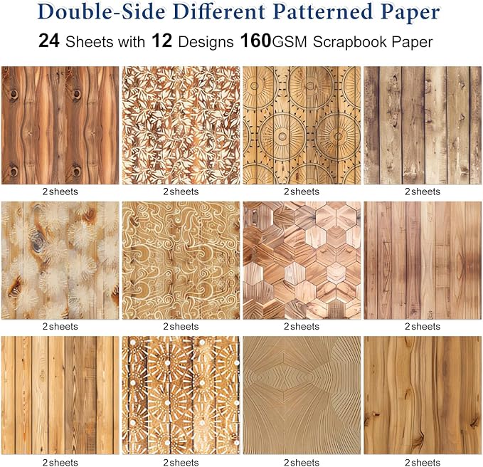 Wooden Texture Scrapbook Paper for Scrapbooking, 24 Sheets Double Sided Decorative Craft Patterned Paper for Junk Journals Greeting Cards 12x12 in