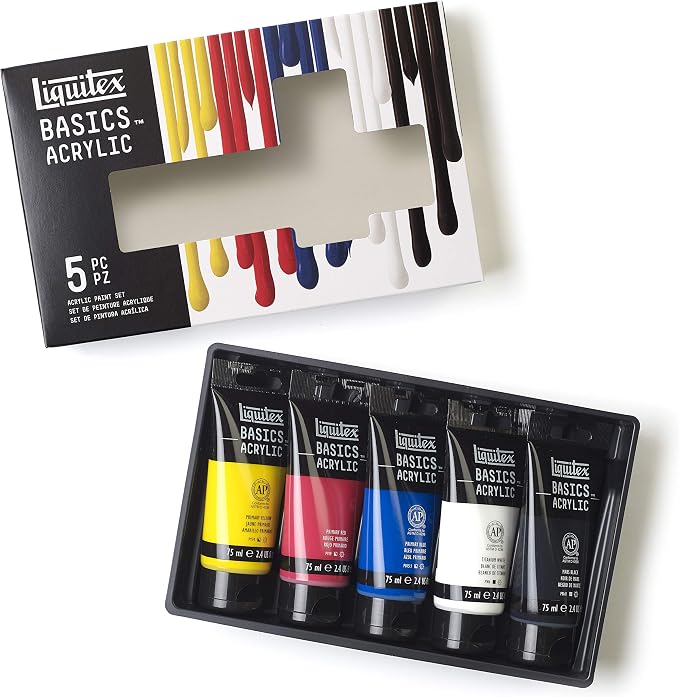 Liquitex BASICS Acrylic Paint Set, 5 x 75ml (2.4-oz) Tube Paint Set | Medium Viscosity, Satin Finish, Lightfast, Fine Art Pigments, Range of Opacities, Easy Blending