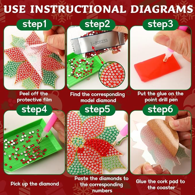 UPINS 8Pcs Christmas Diamond Art Painting Coaster Kit, Poinsettia Coaster Christmas Red Flower Coasters with Holder for Xms DIY Crafts Gifts Holiday Home Kitchen Table Decor