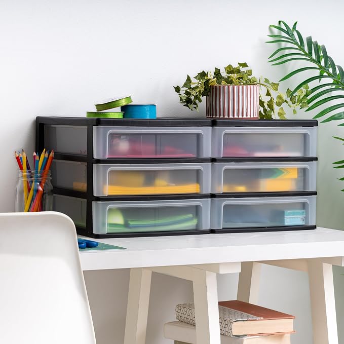 IRIS USA 2-Pack, 3-Drawer Medium Plastic Stacking Desktop Organizer, Black