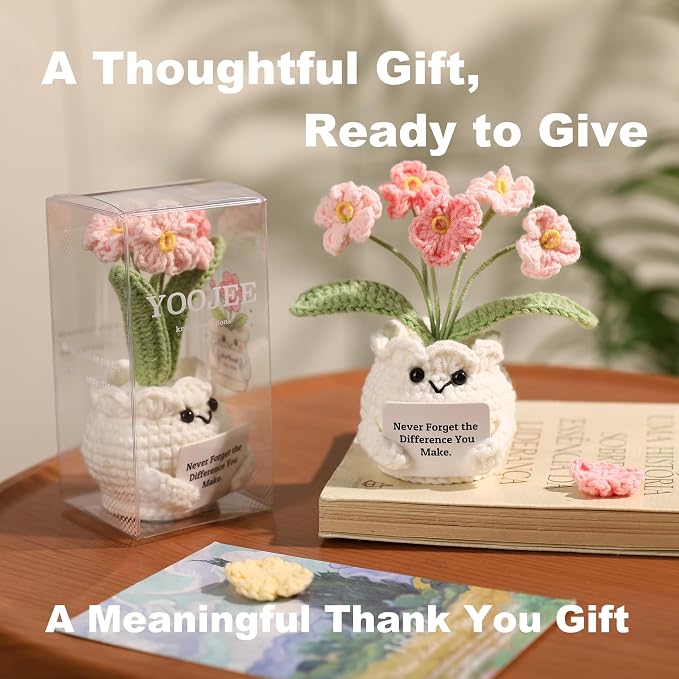 Crochet Forget Me Not Flower Gift – Thank You Gift for Women with Card “Never Forget the Difference You Make”, Appreciation Gift for Teacher, Coworker, Nurse, Friend, Cute Desk Decor