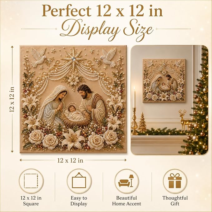 DIY Christmas Pearl Diamond Painting Kit, 5D Pearl Art Craft for Adults and Beginners, Christmas Church and Jesus Wall Decor, Holiday Gifts, 12 x 12 Inch (Jesus Design A)