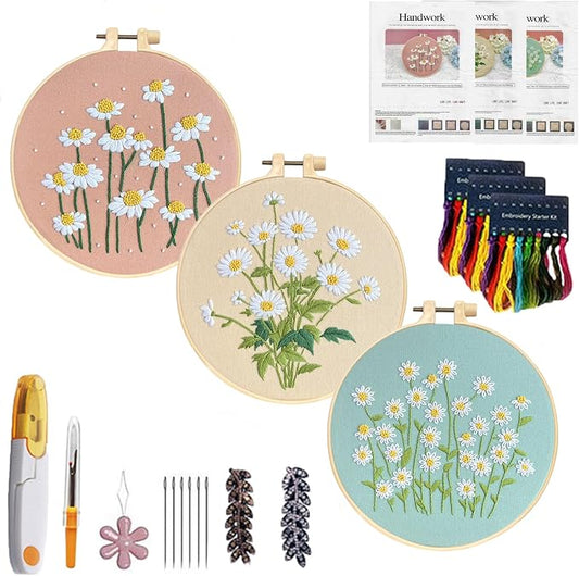 CHIYOSING Embroidery Kit for Beginners Adults, 3 Floral Pattern to Learn Over 30 Different Stitches,Includes Step-By-Step Instructions,Sharp Scissors and 2 Exquisite Hairpins and Multiple Accessories