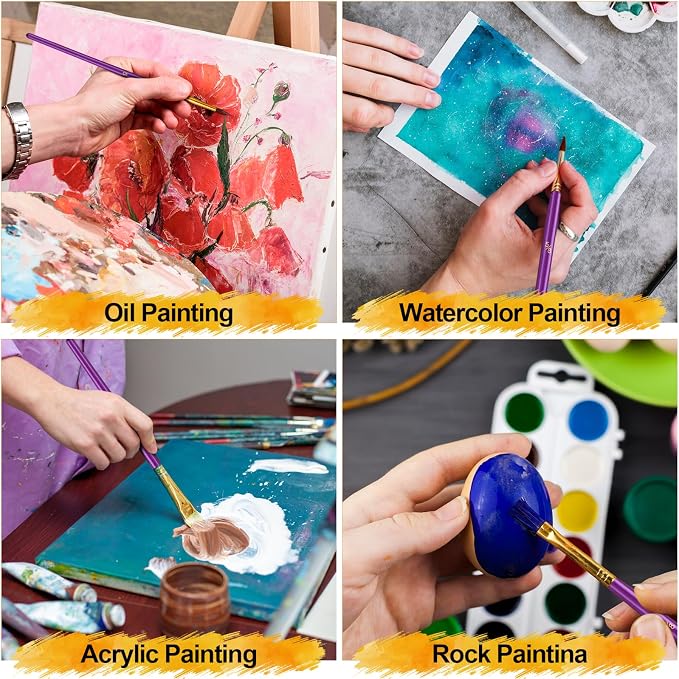 Acrylic Paint Brushes Set, 50Pcs Round Pointed Tip Artist Paintbrushes for Acrylic Painting Oil Watercolor Canvas Boards Rock Body Face Nail Art, Halloween Pumpkin Ceramic Crafts Supplies，Purple