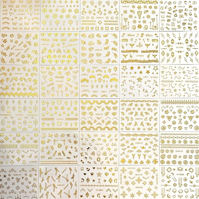 30 Sheets Gold Nail Art Stickers Gold Flower Butterfly Nail Stickers Star Line Self-Adhesive Nail Decals Acrylic Nails DIY Design Nail Supplies for Women and Girls