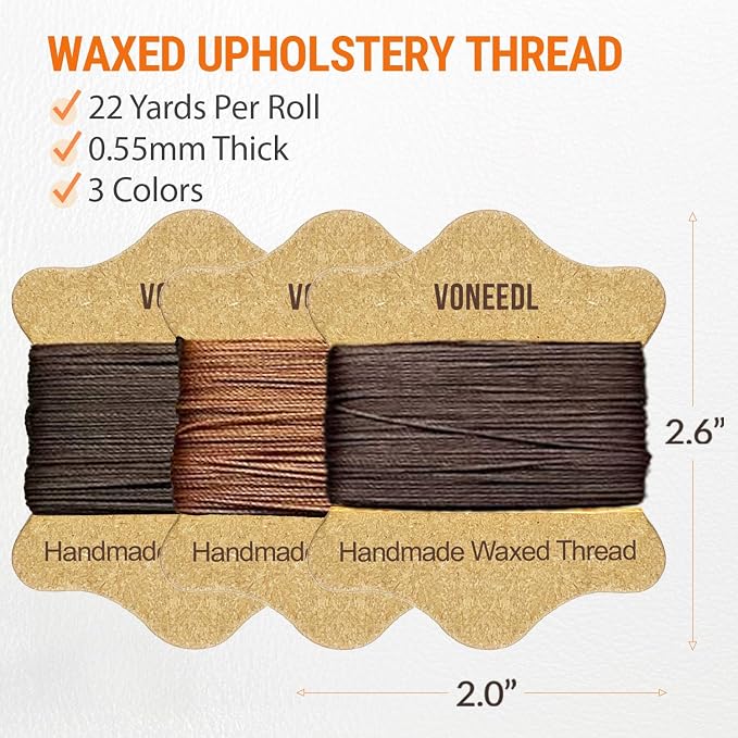 Upholstery Repair Kit: Waxed Sewing Thread (3 Rolls - Brown Color Range) & Heavy Duty Needles (11 PCS) for Leather, Canvas & Quilting Thread