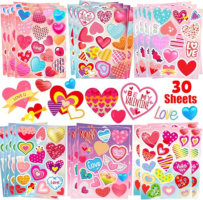 KARSLORA 30 Sheets Valentine Stickers, 490PCS Heart Stickers, Valentine Stickers for Kids, Valentines Crafts Party Favors for Kids, Valentines Day Stickers