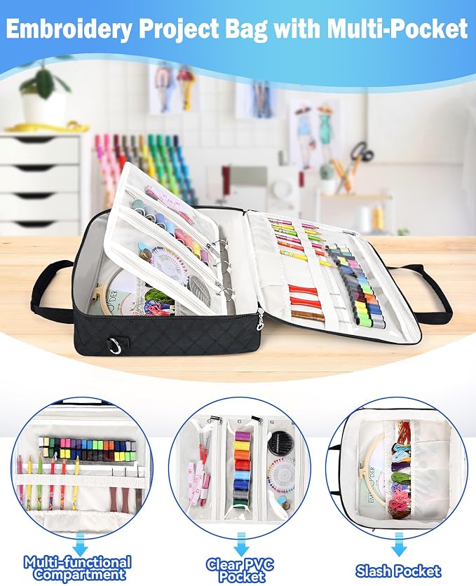 Telawsfun Embroidery Project Bag Organizer, Embroidery Supply Storage Bag with Removable Binder, Portable Carrying Tote for Thread Tools and Accessoriess, Bag Only (Black)