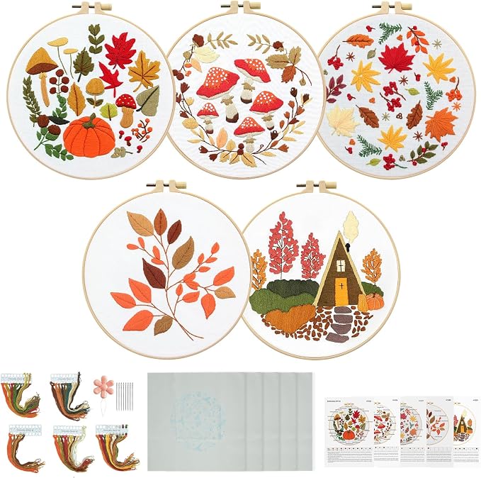 5 Sets Thanksgiving Fall Embroidery Kit for Beginners Adults Embroidery Starter Kit Mushroom Maple Leaf Cross Stitch Kits Embroiderys Needlepoint Kits Include Instruction 2 Hoops Color Threads Needles