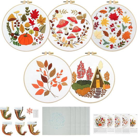5 Sets Thanksgiving Fall Embroidery Kit for Beginners Adults Embroidery Starter Kit Mushroom Maple Leaf Cross Stitch Kits Embroiderys Needlepoint Kits Include Instruction 2 Hoops Color Threads Needles