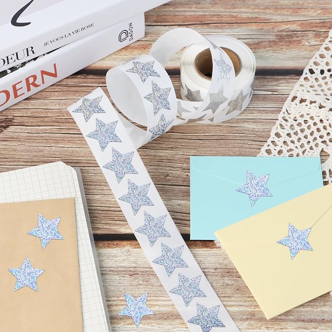Imeepa 500PCS Holographic Sparkly Silver Star Stickers, 1" Reward Labels
