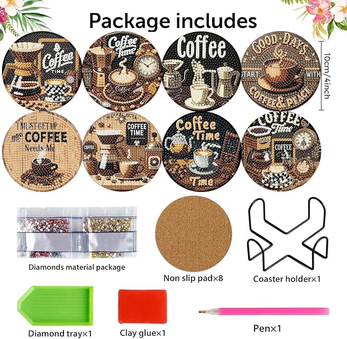 8 Pcs Diamond Art Coasters Kits, Coffee Diamond Painting Coasters Kits