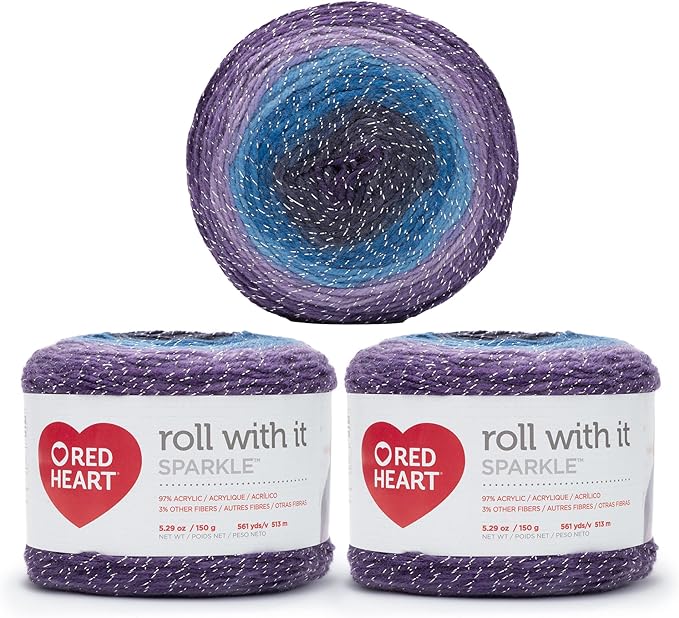 Red Heart Roll with It Sparkle Yarn for Crocheting, Amethyst, 3-Pack