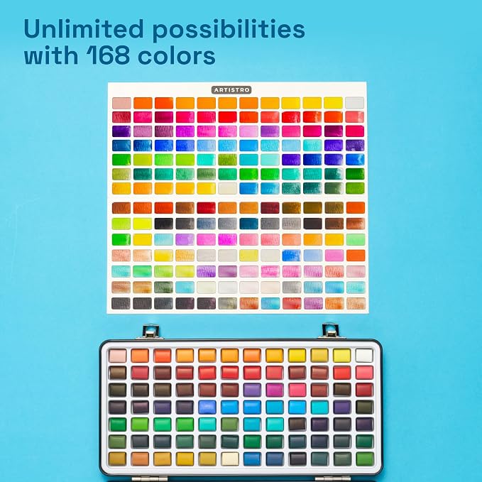 ARTISTRO Deluxe Watercolor Paint Set with Palette & Brush Pens - 168 Colors | Travel Watercolor Paint Set, Portable Painting Kit for Adults, Artists & Kids, Professional Watercolor Supplies