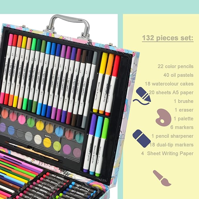 Darnassus 132-Piece Art Set, Deluxe Professional Color Set, Creating Gift Box, Art Set Crafts Drawing Painting Christmas Kit for Kids and Adult, Girls Boys