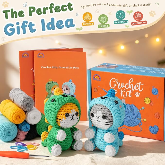 Fortuning's JDS Crochet Kit for Beginners, 2 Pack Dinosaur Cat Crochet Kit