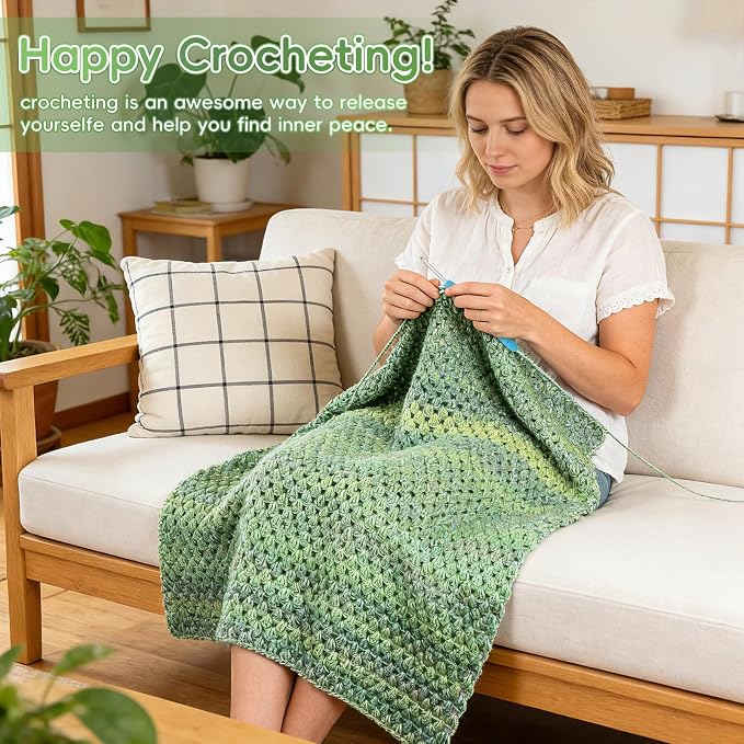 Aeelike Crochet Blanket Kit for Beginners, Easy Blanket Crochet Kits, Green