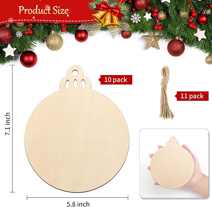 Large Size 7" Wooden Christmas Ornaments to Paint, DIY Blank Unfinished Round Wood Discs Ornament for Crafts Hanging Decorations(10PCS)