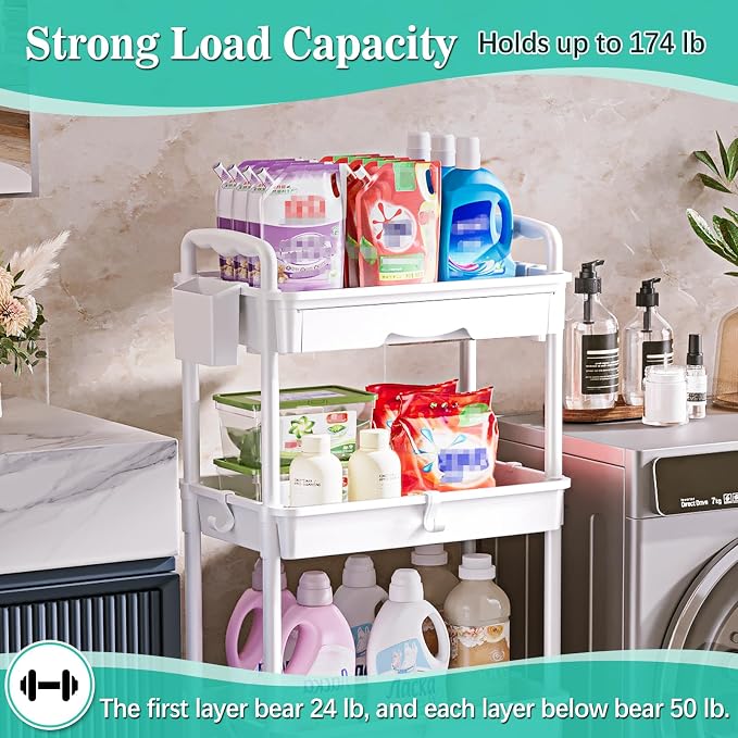 SUNALLY 4 Tier Rolling Cart with Drawer, Craft Storage Cart Organizer,White