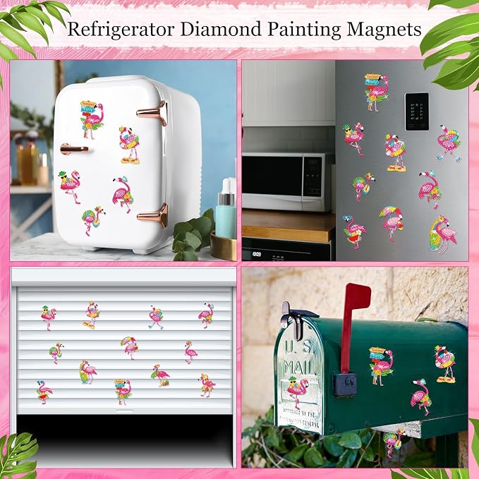 Zonon 12 Pcs Summer Flamingo Diamond Art Magnets DIY Fridge Decor | Beach Tropical Theme with Colorful Rhinestones, Hawaiian Party Sign, Magnetic for Refrigerator Cabinets Lockers Decor