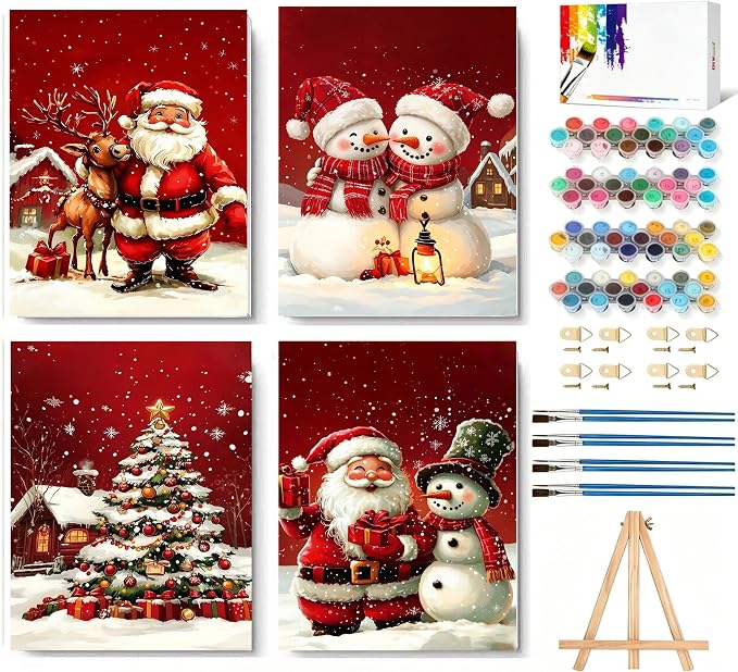 4 Pack Christmas Paint by Numbers Kit for Adults with Frame, Easy Snowman Paint by Number for Adults Beginner with Wooden Easel, DIY Painting by Numbers Canvas Framed for Home Decor 8 x 12 Inch