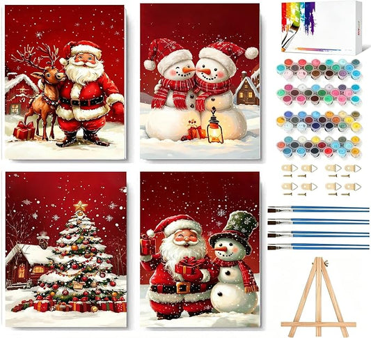 4 Pack Christmas Paint by Numbers Kit for Adults with Frame, Easy Snowman Paint by Number for Adults Beginner with Wooden Easel, DIY Painting by Numbers Canvas Framed for Home Decor 8 x 12 Inch