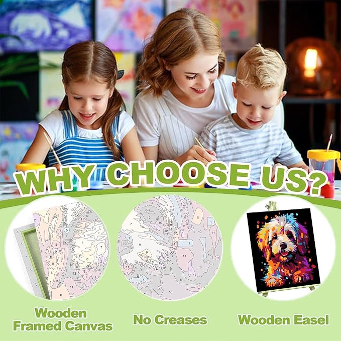 cviokrdu Dog Paint by Numbers Kit for Kids with Frame - Wooden Easel, Animals Paint by Numbers for Kids Ages 4 8 12, Easy Acrylic Oil Painting Kits for Home Wall Decoration 8x8 inch