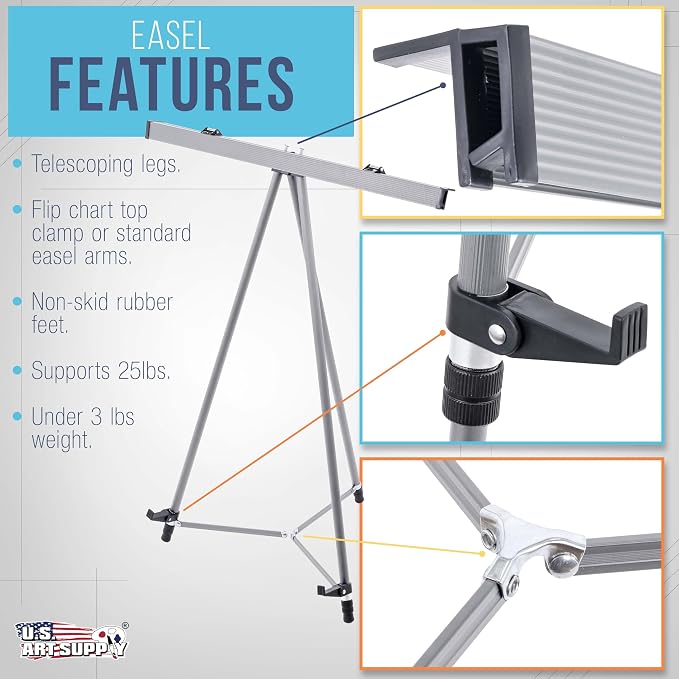U.S. Art Supply 66" High Boardroom Classroom Silver Flip Chart Easel