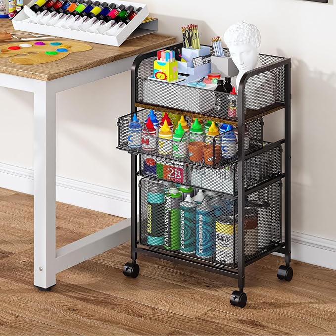 4-Tier Rolling Utility Cart with 3 Drawers-Craft Organizers and Storage with 360° Lockable Wheels,Art Supply Storage Organizer for Art Supplies, Store for Brushes & Paints & Artifacts Patent Pending