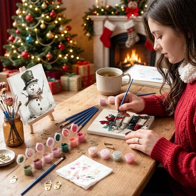 LWZAYS 6 Pack Christmas Paint by Numbers Kit for Adults with Frame, Easy Paint by Number for Adults Beginner with Wooden Easel, DIY Painting by Numbers Canvas Framed for Home Decor 8 x 8 Inch