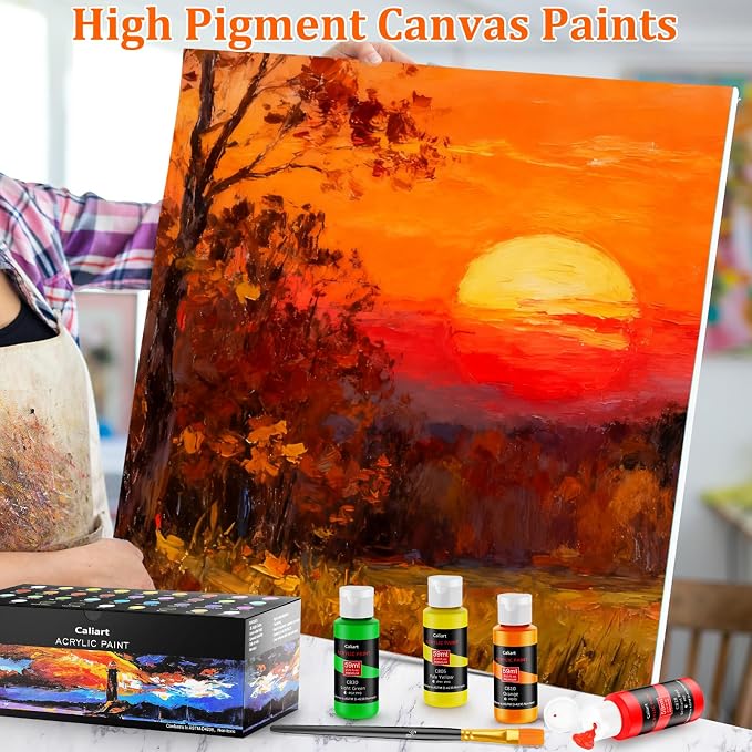 Caliart 36 Colors Acrylic Paint Set with 12 Brushes | Craft Painting kit for Adults Artists Beginners, Rich Pigment Non-toxic, Canvas Wood Rock Pumpkin Ceramic Art Supplies Paint