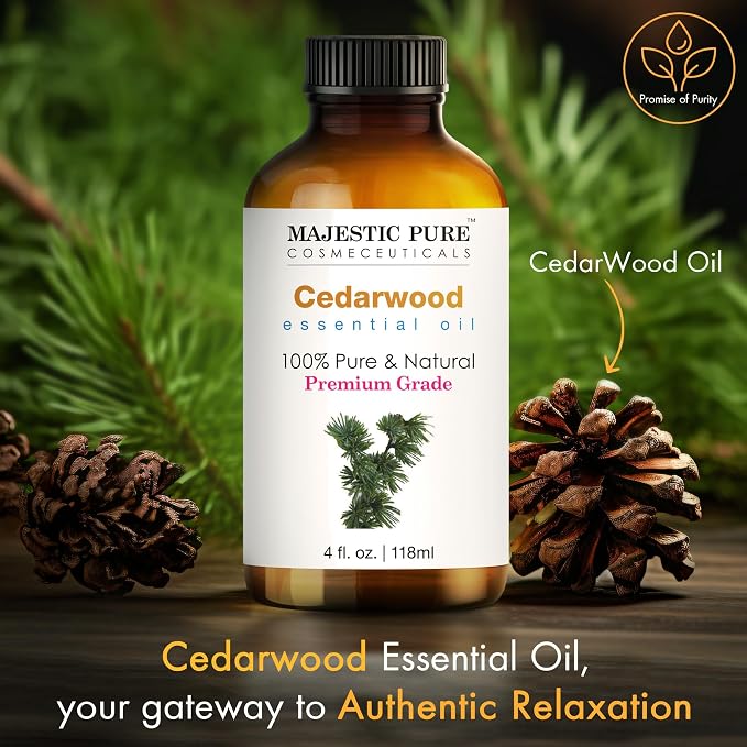 Majestic Pure Cedarwood Essential Oil for Diffuser - 4 Fl Oz | 100% Pure and Natural Essentials Oils for Aromatherapy, Massage, Steam inhalation, Soap and Candle Making, Cedarwood Oil
