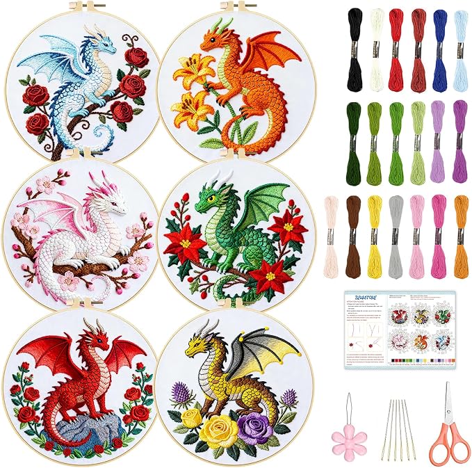 BEUNITONE 6 Set Embroidery Kits for Beginners with Dragon Pre-Print Pattern