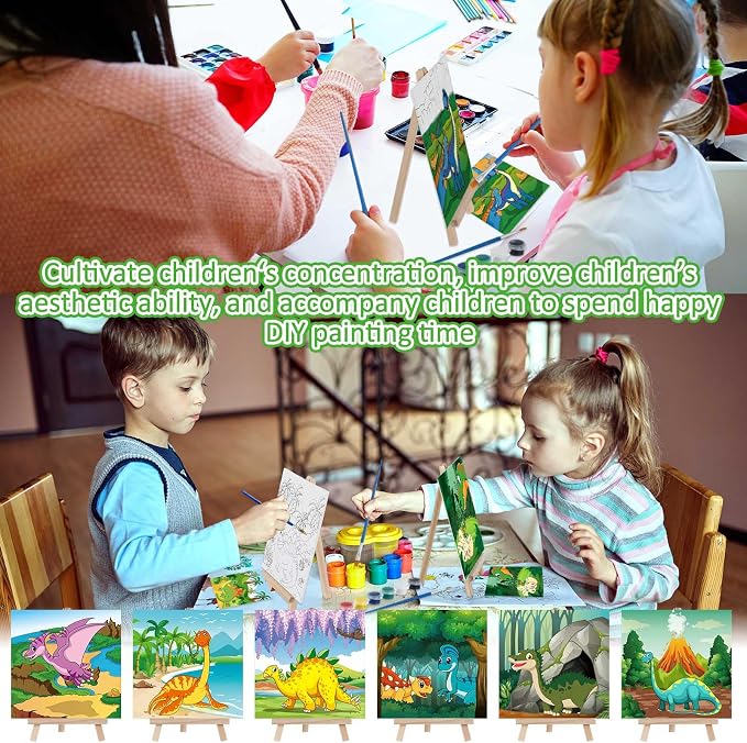 Tenceur 12 Sets Pre Drawn Canvas to Paint Adult Stretched Coloring Painting Canvas Panels with Design Easel and Brushes for Party Supplies Beginner Favor(Dinosaur)