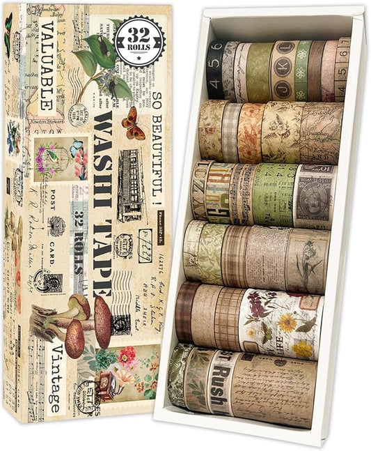 Vintage Washi Tape Set for Scrapbooking & Journaling - 32 Rolls Floral, Cute Decorative Tapes with Assorted Widths, Retro Aesthetic DIY Gift for Bible, Bullet, Junk Journal Supplies (Christmas Tape)